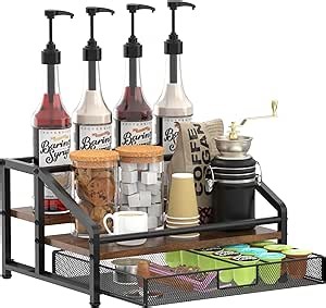 Alyoen Coffee Syrup Organizer Rack, 3-Tier Coffee Station Organizer for Countertop, Coffee Bar Organizer with 35K Cup Storage Basket, Coffee Syrup Holder Stand for Coffee Bar Accessory, Syrup - Wine