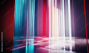 Neon-lit abstract corridor with red, blue, and orange vertical panels and reflective floor.