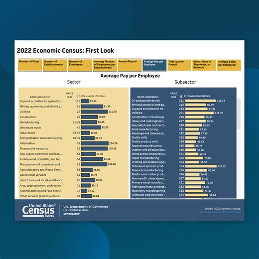 The Economic Census is the most comprehensive measure of the U.S. economy, providing industry and market statistics at the national, state, and local levels. First Look estimates are now available to explore with our interactive #DataVisualization: https://www.census.gov/library/visualizations/interactive/2022-economic-census-first-look.html #EconCensus #DataViz | U.S. Census Bureau