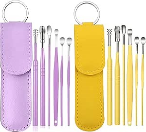 12 Pcs Ear Pick Earwax Removal Kit, Ear Cleaning Tool, Stainless Steel Earwax Removal Tool with Leather Storage Box (Yellow&Purple)