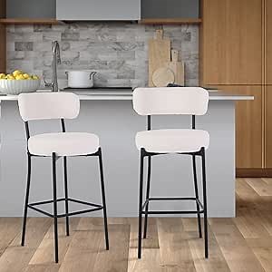 Boucle Barstools Set of 2, 27'' Counter Height Stools for Kitchen Island, Modern Metal Bar Stools with Backs for Dining Room, Beige