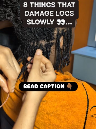 Your locs don’t break overnight — they weaken slowly. Here are 8 things that might be damaging your locs without you realizing it 👀 ✅Product buildup Heavy creams, waxes, and gels can sit inside locs, leading to dullness, odor, weak strands, and even mold if moisture gets trapped. ✅Over-retwisting or twisting too tightly Constant tension stresses the roots and can cause thinning, weak spots, or traction alopecia. ✅Not fully drying locs Locs that stay damp for long periods can develop mildew, wea