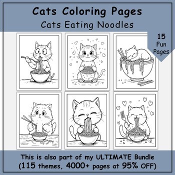 Cats Eating Noodles Coloring Pages for Kids | Fun Printable Coloring Activity