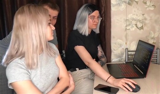 Belleniko's friend watches her stepsister get a surprise anal treat