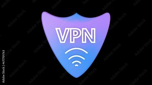 3D animation of a blue VPN icon on a black background. The concept of safe Internet use and confidentiality of personal data.
