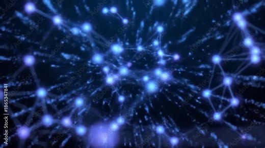 Network connections and data transfer visualized through glowing blue nodes and lines in a digital environment from a dynamic viewpoint