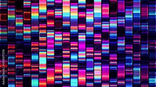 Colorful luminous stripes move like flowing code through vertical glass. DNA coding and molecular repetition for biotechnology branding, research visuals, science and genetic concept. Seamless loop 4K