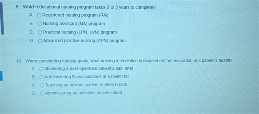 Which educational nursing program takes 2 to 5 years to complet... | Filo