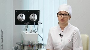 The doctor talks about the ENT apparatus. Otolaryngologist's tool. ENT combine Mega Medical NET-1100 apparatus for endoscopy and manipulations in otolaryngology.