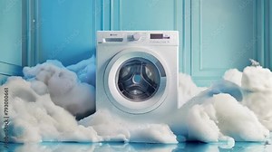 washing machine in large white foam, blue background. Detergents