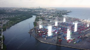 Transshipment port with container levels and data pop up - 3d render animation