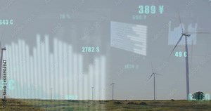Animation of data processing and diagrams over wind turbines on field