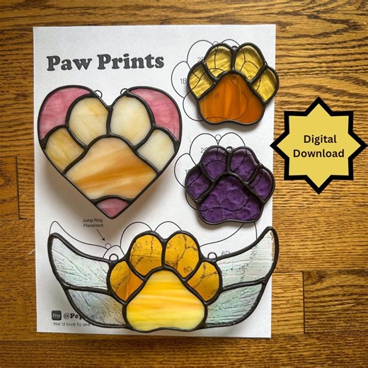 Stained Glass Pattern - DIGITAL FILE (pdf png) - Paw Prints Dog Cat - Memorial Wings -Beginner/Easy Suncatcher Template - Celestial Moon Sun
