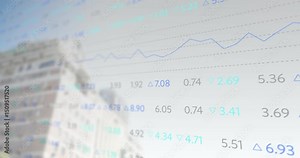 High-rise building view appearing and chart updating stock data with triangles showing rising trend