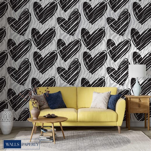 Black and White Heart Wallpaper – Expressive Hand Sketched Heart Pattern - Etsy Canada