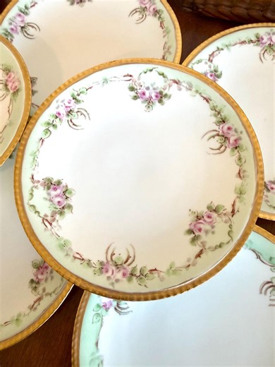 Antique Limoges France Dessert Plates, Pink & Green Florals Gold Rim Set of 8, 7 7/8" - Etsy