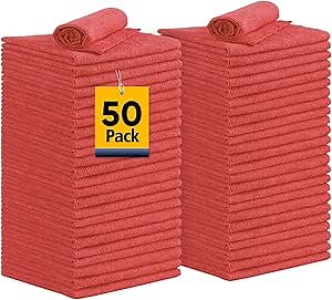 Shop Towels Rags, 50 Pack Reusable Shop Rags Bulk Microfiber Cleaning Cloth Lint Free Cleaning Towels for Car Kitchen Automotive Bar Mechanic Restaurant Garage, 11.5"x 11.5", Red
