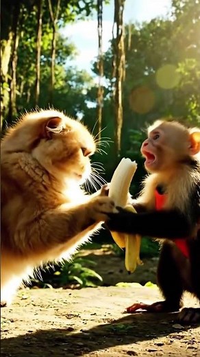 Who Wins the Banana Battle The Mischievous Cat or the Smart Monkey #shorts #CatFightsMonkeyForBanana