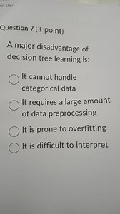 Question 7 (1 point)A major disadvantage of decision tree lear... | Filo