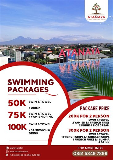 Atanaya Hotel Bali on Instagram: "Swimming Package ✨ ✅1 Person Price : -—— - Rp 50ribu nett. Renang & Towel + Drink - Rp 75ribu nett. Renang & Towel + Yamien & Drink - Rp 100ribu nett. Renang & Towel + Sandwich & Drink ✅Package Price : -—— - Rp 200ribu nett for 2 persons. Renang & Towel, 2 YAMIEN + 1 French Fries, 2 Drink & 1 Ice Cream. - Rp 300ribu nett for 4 persons. Renang & Towel, 1 Fish Chips + 1 Chicken Chips + 1 French Fries + 1 Lumpia, 4 Drink. Tersedia makanan & minuman dengan harga mul