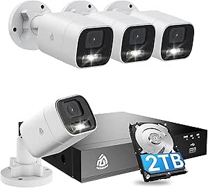 8CH 4K PoE NVR Wired Security Camera System, 4pcs 5MP Outdoor IP Cameras with Person/Vehicle Detection, 2TB HDD, H.265, 2-Way Audio, Color Night Vision, Spotlight Siren, 24/7 Continuous Recording