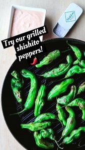 Try our easy grilled shishito peppers with a spicy dipping sauce! Shishito peppers are a great appetizer - while generally mild, about 1 in 10 can be spicy! Toss 6 oz. shishito peppers with 2 teaspoons olive oil. Grill on medium-high heat using a grill pan or grill basket. Cook the peppers until they begin to blister. Turn occasionally with tongs until they begin to show a few darkened spots, about 6-8 minutes. Sprinkle with finishing salt (we used fine and flaky Maldon Sea Salt) and serve immed