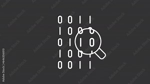 Binary code search white animation. Magnifying glass exploring ones and zeros animated line icon. Computer programming. Isolated illustration on dark background. Transition alpha video. Motion graphic
