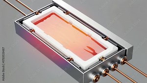 Cross-section animation of a molten-salt battery cell operating at 700°C, showing a glowing orange sodium pool and infrared heat radiation, next-generation thermal energy storage technology