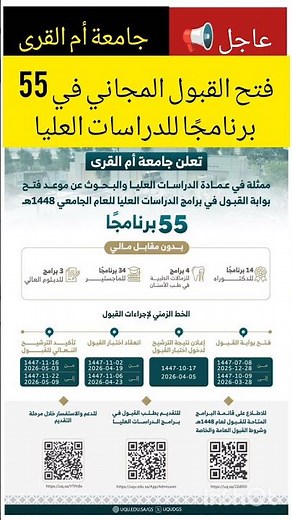 ‏‎#جامعة_أم_القرى:فتح القبول المجاني في 55 برنامجًا للدراسات العليا