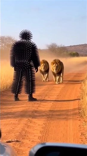 Two Male Lions Charge Black Spiked Suit Man on Savanna Path