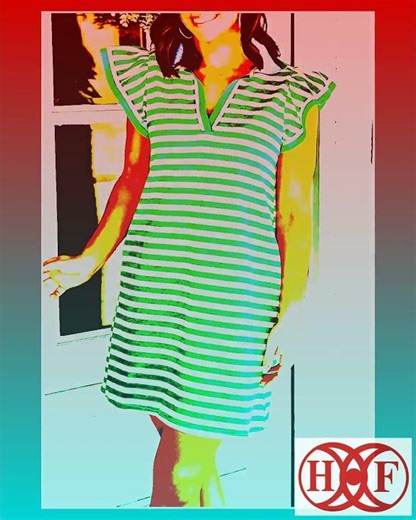 Green Stripe Print Contrast Collar Split Neck Flutter Sleeve Short Dress