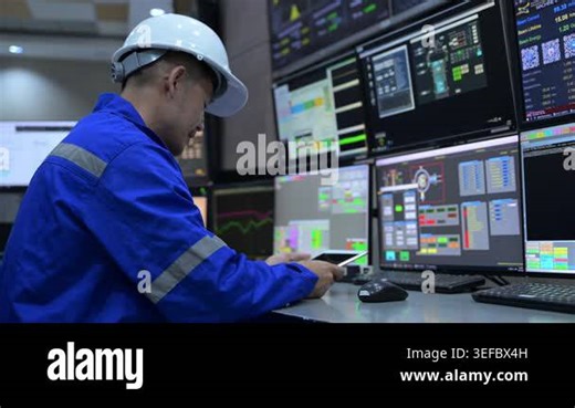 Industrial Control Room Operator - Engineer Monitoring System Data on Screens and Tablet in Power Plant Stock Video Footage - Alamy