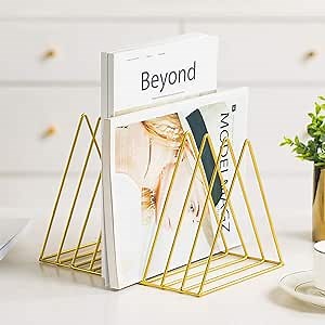 Sooyee 9 Slot Gold Magazine Holder,Desktop File Sorter Organizer Triangle Bookshelf Decor Home Office