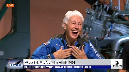 Pioneering pilot Wally Funk, the oldest person to ever fly to space, honored at post-flight press conference. "More to come!" she says. https://abcn.ws/3rmwaId #BlueOrigin | ABC News