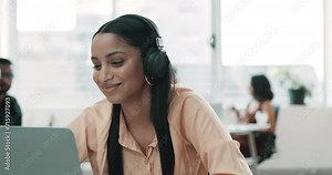 Businesswoman, laptop and dancing with headphones in office as receptionist for work entertainment, streaming or internet. Female person, hands and happy at company for stress relief, job or audio