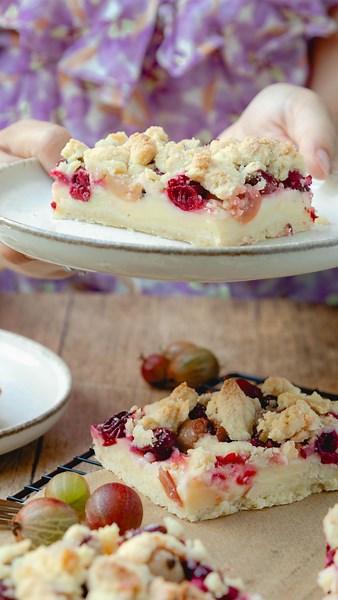 Simone & Peter | Rezepte & Familienwahnsinn on Instagram: "Stachelbeerkuchen vom Blech mit Pudding und Streuseln! Der perfekte Obstkuchen für den Sommer ☀️ Für den Boden und die Streusel brauchst du nur einen Teig! Das macht die Zubereitung so einfach und schnell 😍 Dieser Kuchen hat alles, was ein guter Blechkuchen braucht! Also unbedingt ausprobieren 🫶🏻 🔸Zutaten (1 Blech ca. 35x25cm) Für den Teig: 600g Weizenmehl Typ 405 2 Eier 275g kalte Butter 1 Prise Salz 225g Zucker 1 Pck Vanillezucker 