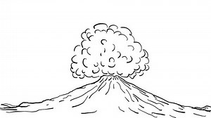 2d Animation motion graphics showing a drawing of a volcano erupting into a cloud of smoke on white and green screen with alpha matte in HD high definition.