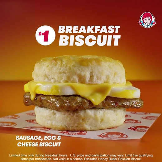 Wake up to hot and buttery Wendy’s Breakfast Biscuits for just a buck. For a limited time, get a Sausage or Bacon, Egg, and Cheese Biscuit for just $1! | Wendy's