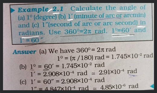 Example 2.1 Calculate the angle of(a) 1° (degree) (b) 1' (minu... | Filo