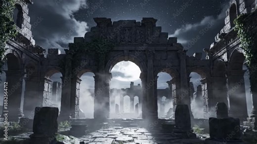 Mysterious ancient ruins under a full moon, atmospheric and evocative scene.