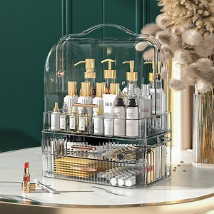 Makeup Storage Organizer with Portable Handle,Cosmetics Storage Box for Vanity,Make up Organizers with Lid & Drawers, Cosmetic Display Cases for Countertop, Bathroom, Dresser, Dustproof,Clear