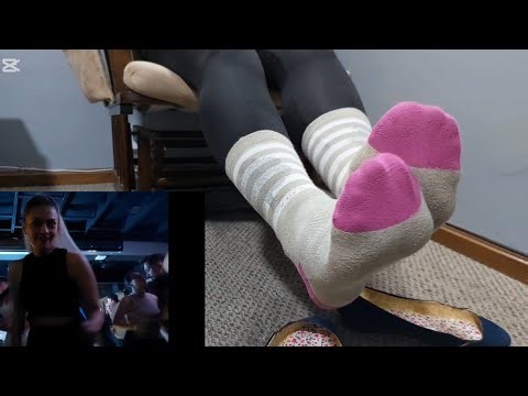 Shoeplay, After a long party, black boots and leggings and gray-pink socks and blue flats