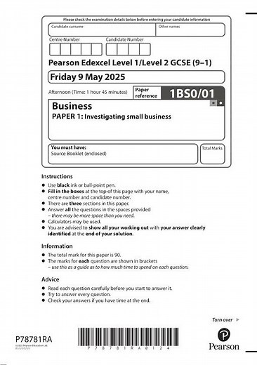 Pearson EDEXCEL GCSE Business Paper 1 2025