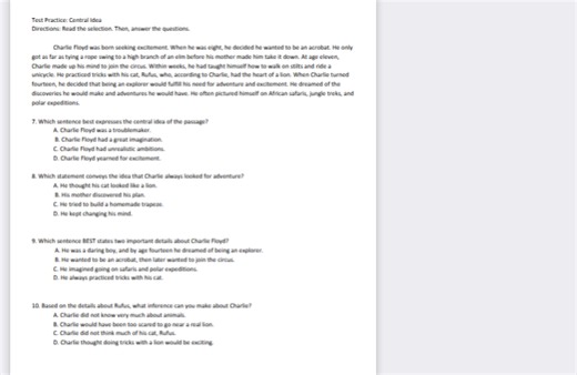 Test Practice: Central Idea Directions: Read the selection. The... | Filo