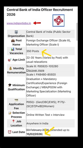 ✅ *Central Bank of India Recruitment 2026 [350 Officer Vacancies]* 📌 Foreign Exchange Officer, Marketing Officer Posts 📌 Qualification: Degree, MBA/ PGDM 📌 Last date: extended up to 15/02/2026 🔗 Apply Details: https://www.indgovtjobs.in/2026/01/central-bank-of-india-officer.html #bankjobs #jobalert #indgovtjobs | Ind Govt Jobs