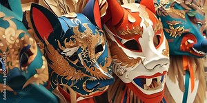 Fantasy paper masks created for theatrical performance, featuring vibrant colors and intricate designs, 4K Video