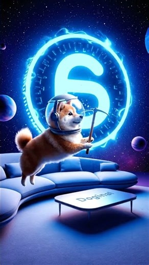Shiba Inu, in an astronaut helmet, 'mines' a giant, glowing Dogecoin in a zero-gravity living room.
