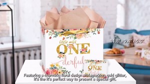 Baby Girl 1st Birthday Gift Bag Miss Onederful Gift Bag with Greeting Card and Tissue Papers Floral First Birthday Wrapping Paper Bag for Girls Newborn Baby Shower Christmas One Year Old Party