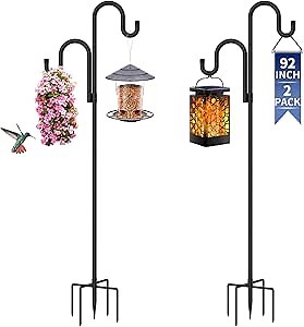 Double Shepherds Hooks for Outdoor, Bird Feeder Pole with 5 Prongs Base, Heavy Duty Garden Hook for Lantern, Wind Chime and Hummingbird Feeder, 92 Inch, 2 Pack