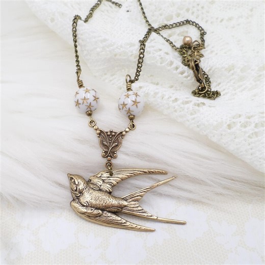 Brass Swallow Necklace With Acrylic Bead Accent: Vintage Style Bird Pendant, Handmade Cottagecore Jewelry - Etsy